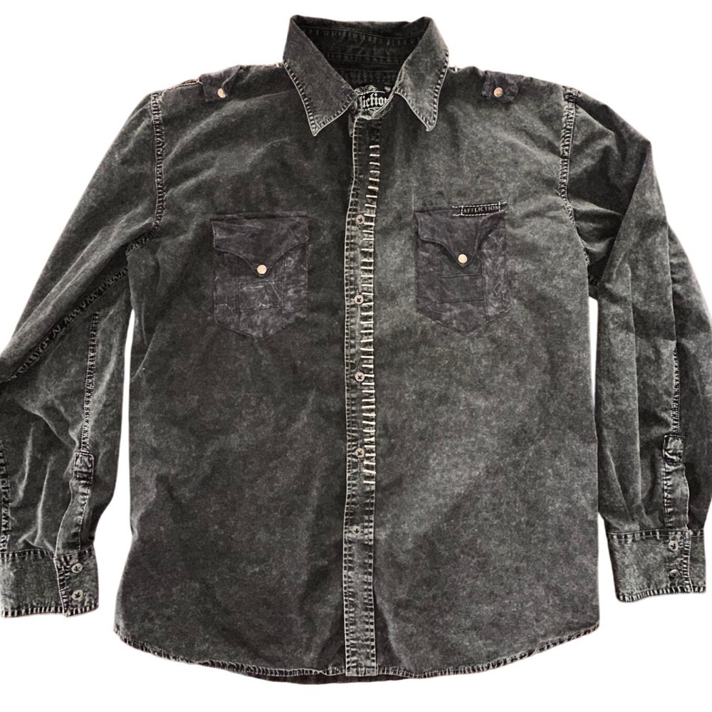 Affliction Mens XXL Black Acid Wash Graphic Back Button Down Shirt Epaulettes - Picture 2 of 9